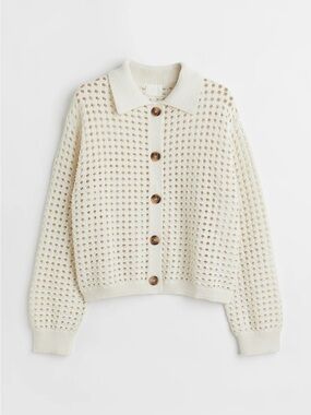 H&M Cream Open-Weave Button Cardigan Collared
